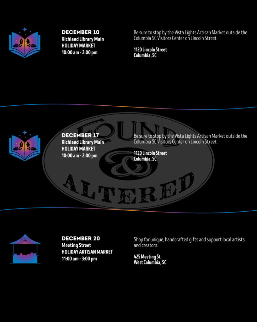 Poster showing remaining three dates for F&A Shows: December 10 Richland Library Main HOLIDAY MARKET 10:00 am - 2:00 pm 1431 Assembly St. Columbia, SC December 17 Richland Library Main HOLIDAY MARKET 10:00 am - 2:00 pm 1431 Assembly St. Columbia, SC December 20 Meeting Street HOLIDAY ARTISAN MARKET 11:00 am - 3:00 pm 425 Meeting St. West Columbia, SC