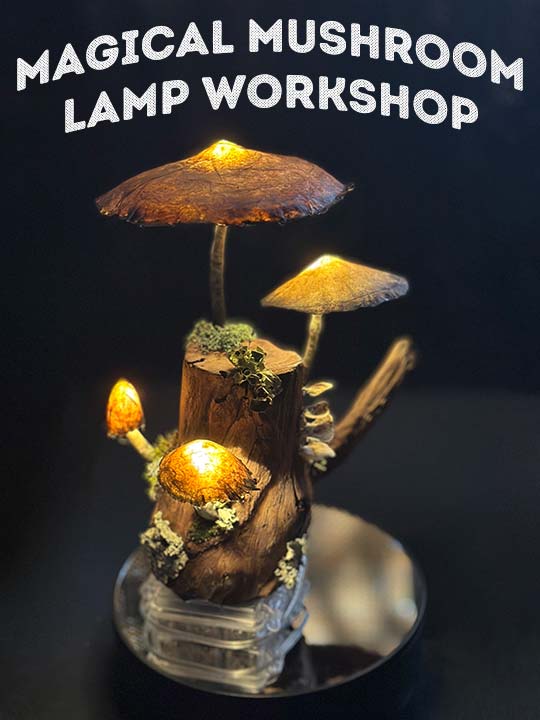 An illuminated handmade mushroom lamp with a dark background