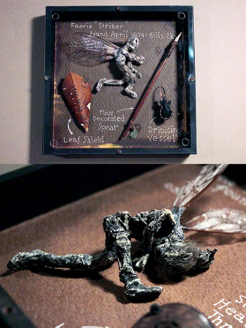 Two images of dead faeries. Both in wooden trays with weapons and accoutrements labeled in white ink against a dark textured background. One close-up showing remaining hair on the faerie's skull and the other showing the full tray.