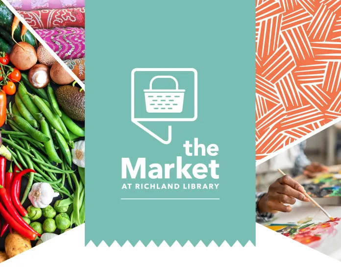 The Market lgo from Richland county Library featuring fresh vegetables to the left and someone painting a work of art on the right.